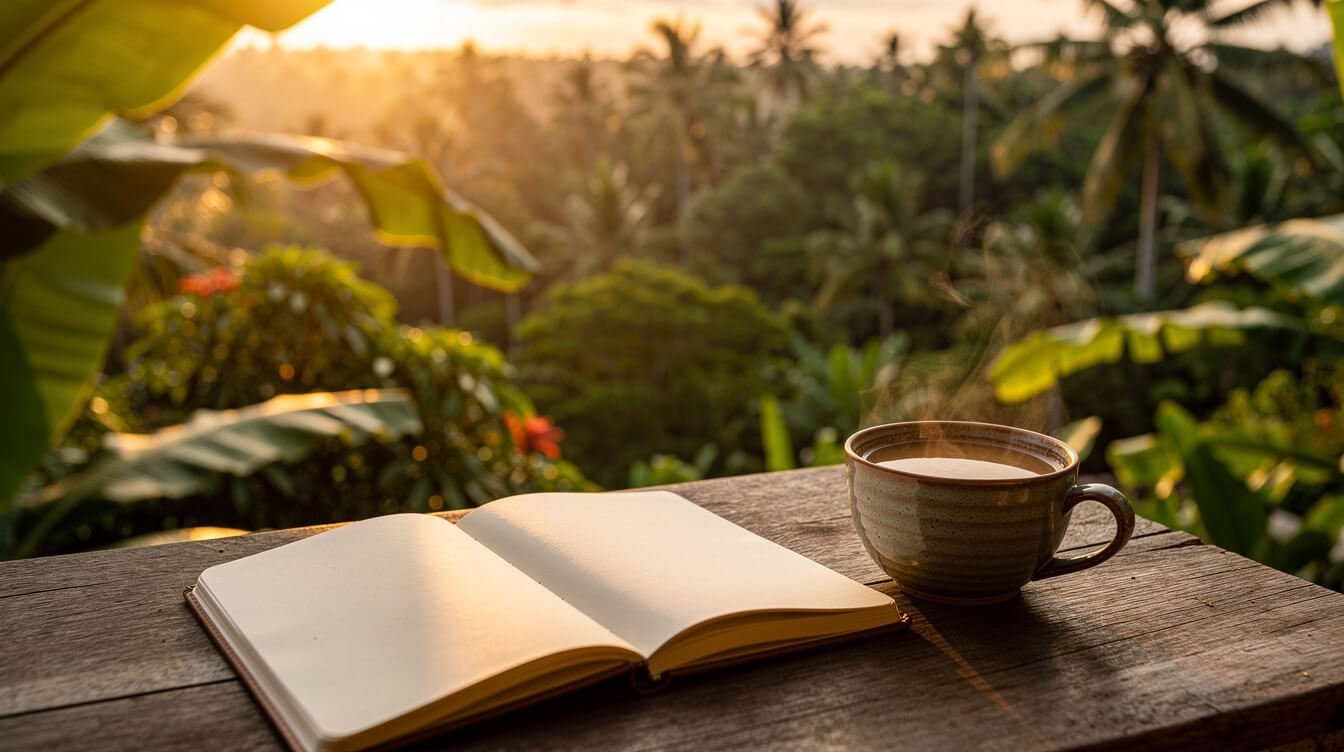 Notebook and coffee on tropical terrace in Ubud Bali