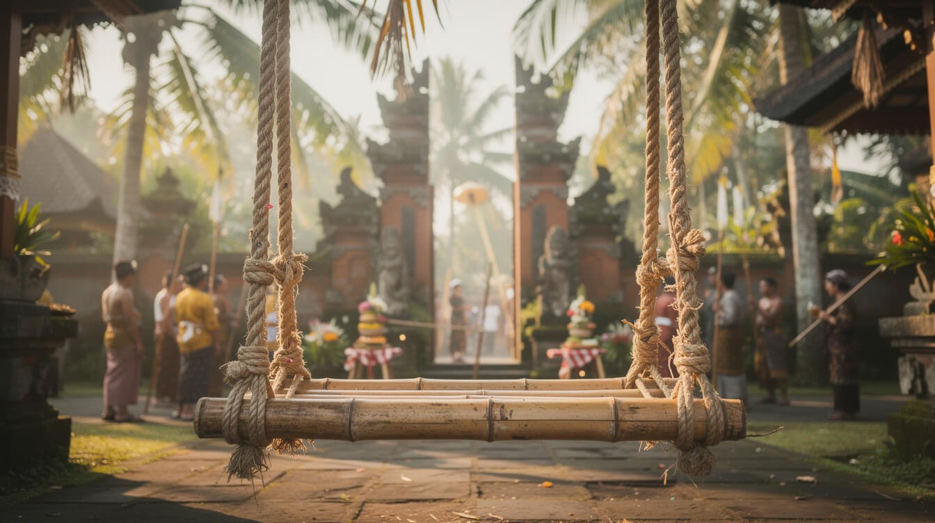 Traditional Balinese swing experience above tropical jungle in Ubud