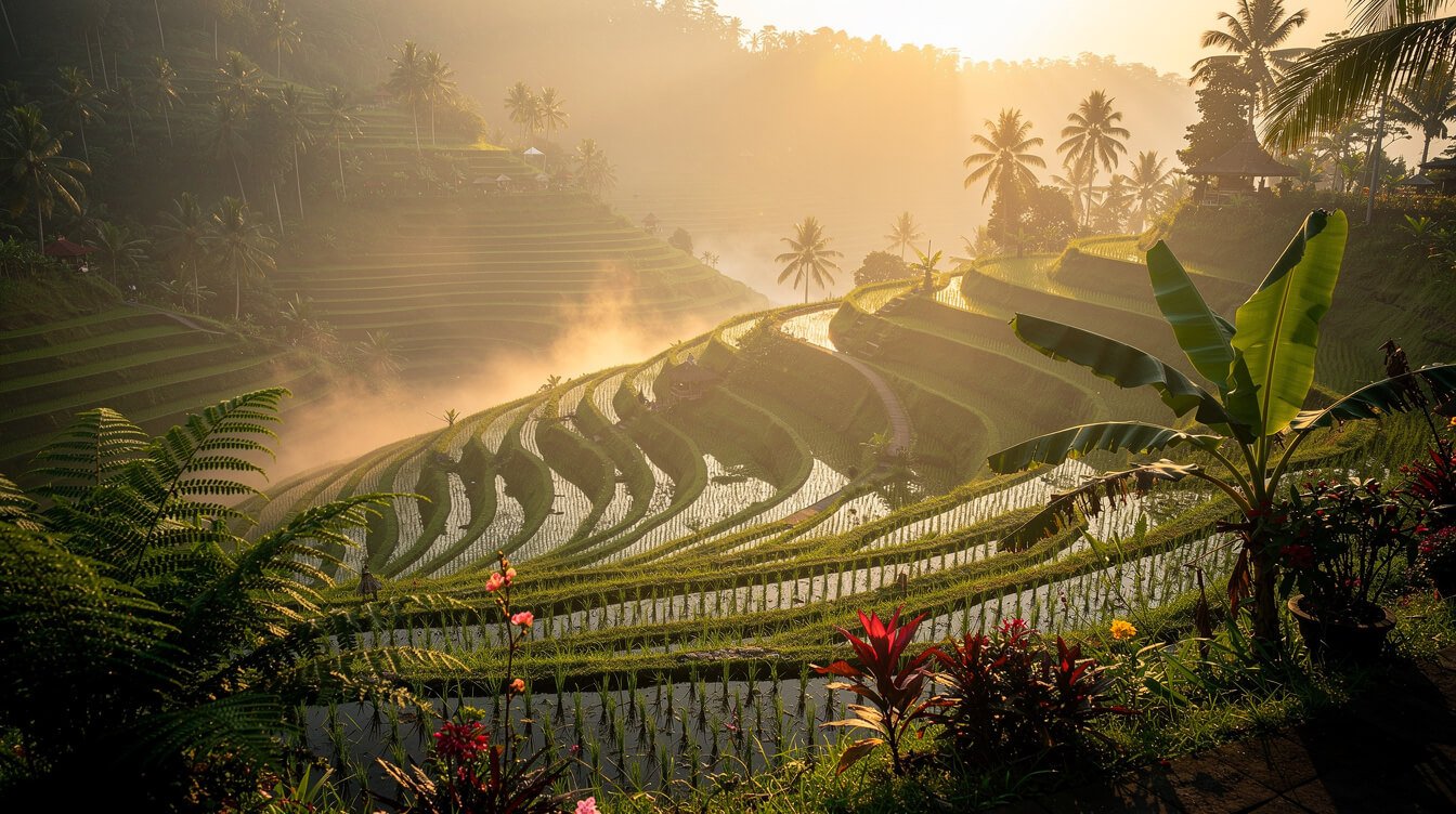 Ubud rice terraces morning mist