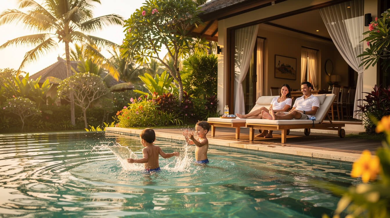 family enjoying a Bali vacation rental with pool