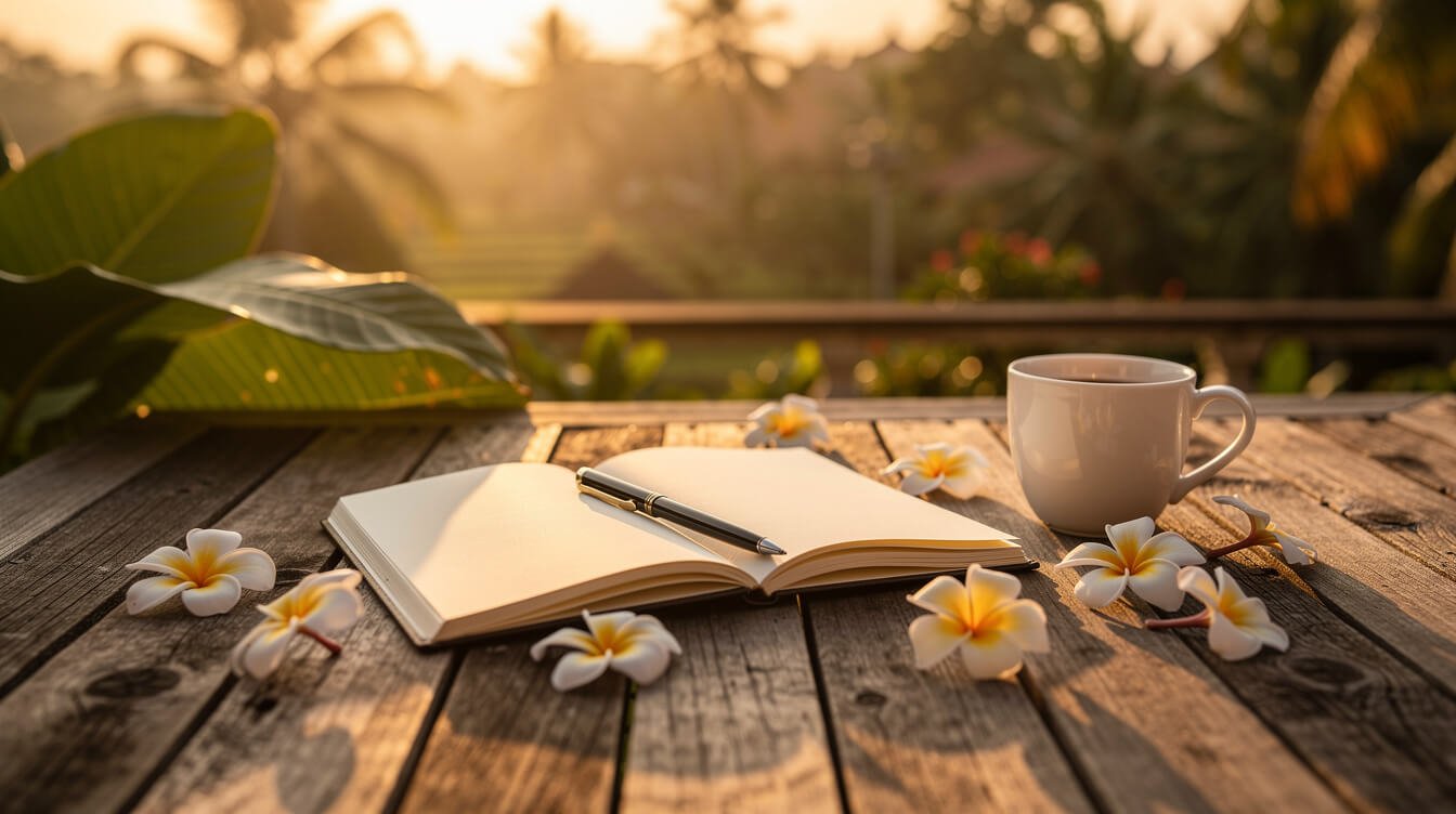 Notebook and coffee on Bali terrace