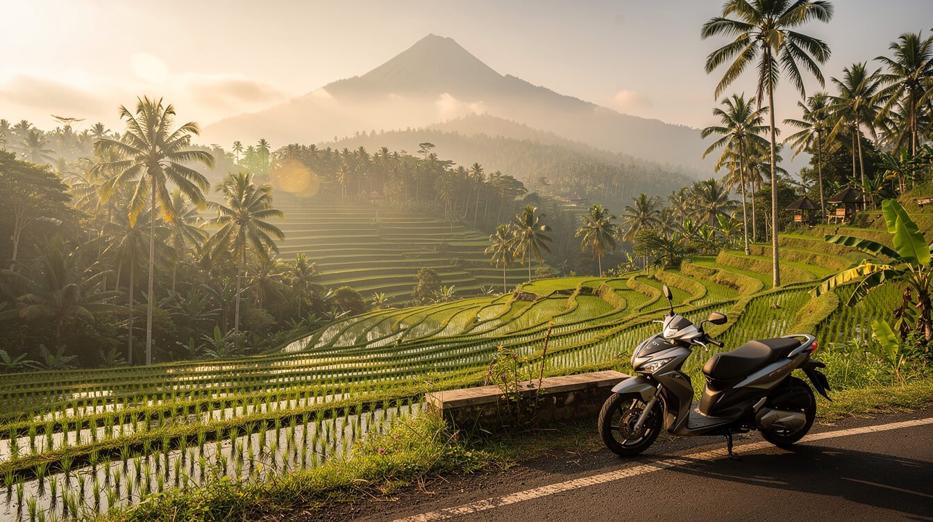 scenic Bali road through rice terraces for waterfall day trip