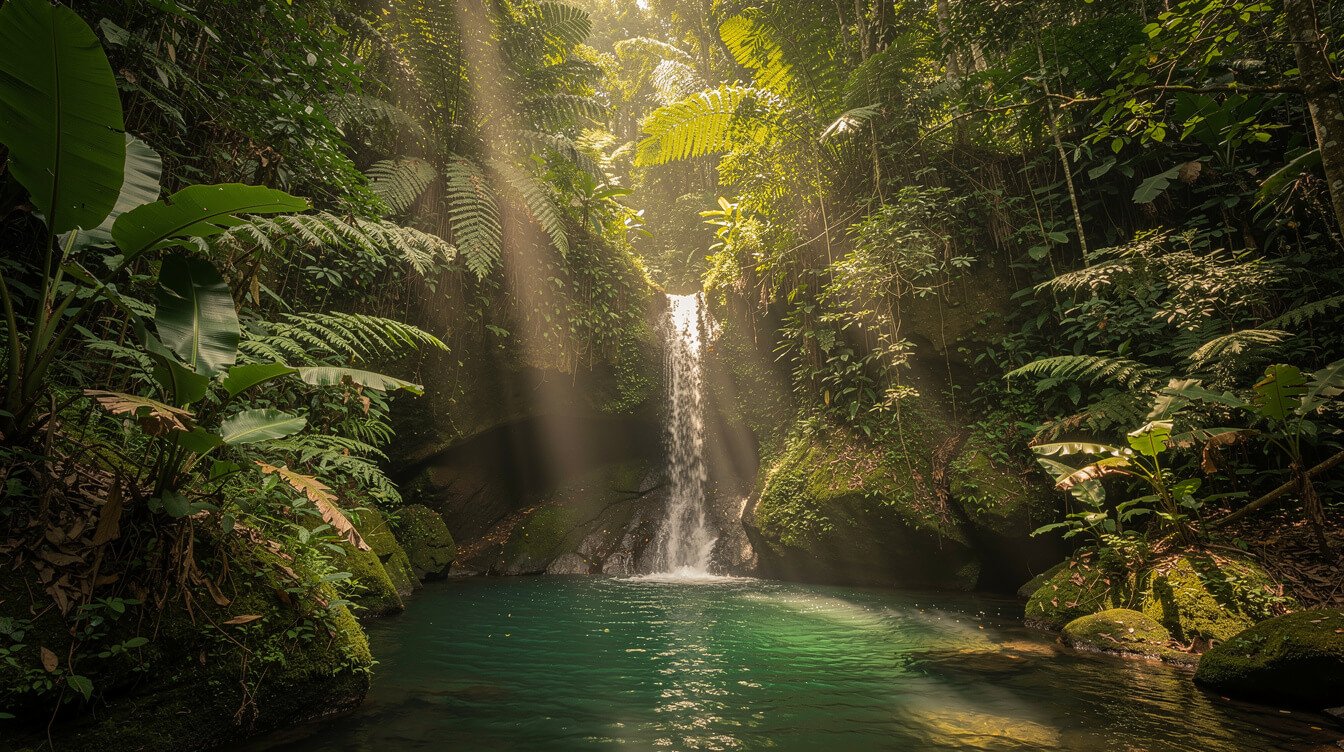 hidden secret bali waterfall in dense jungle