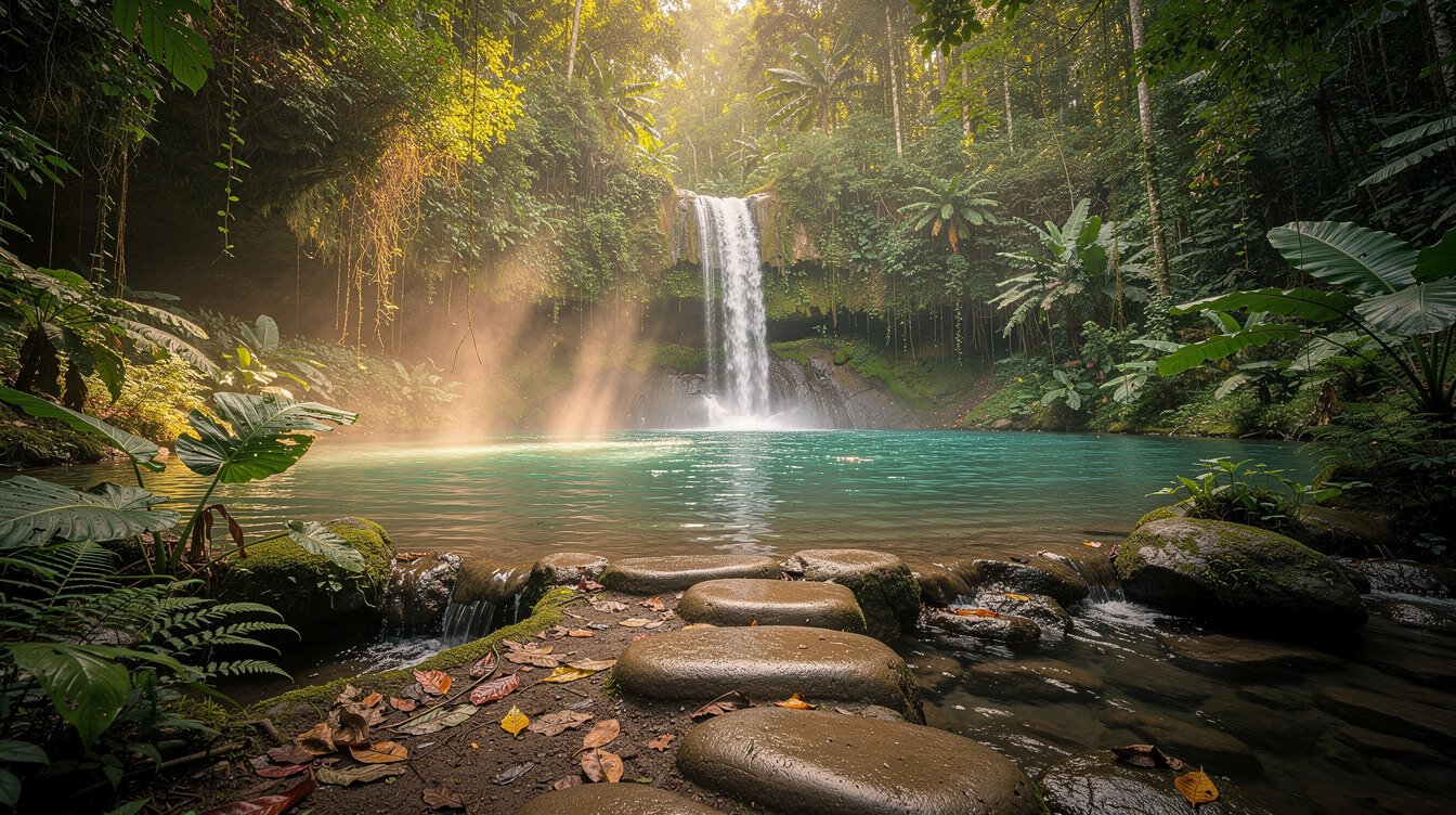 southern bali waterfall near Ubud in tropical jungle