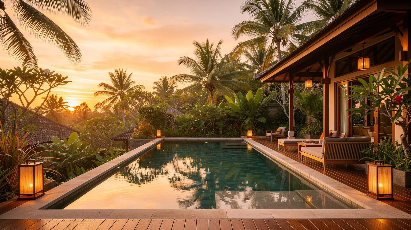 Villa pool deck sunset Ubud retreat