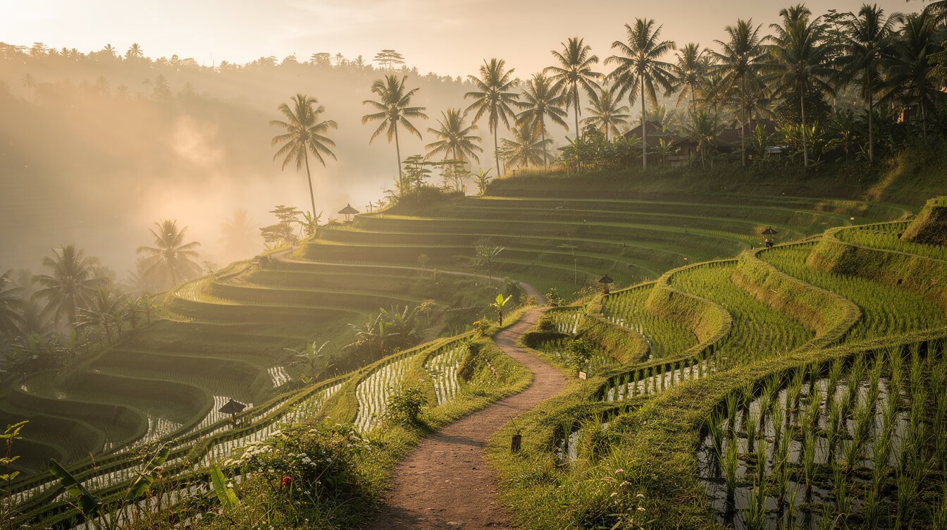 Ubud rice terraces sunrise morning mist