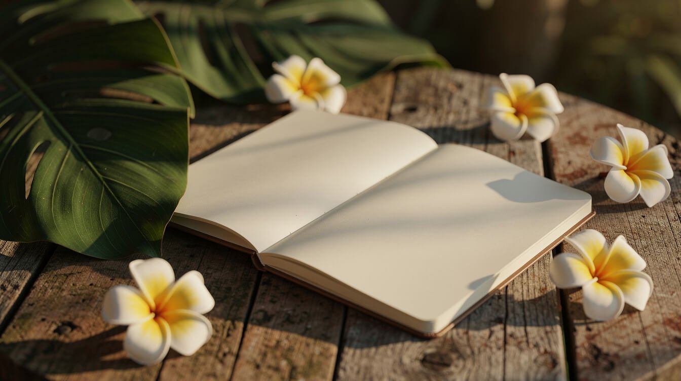 Notebook with tropical leaves and frangipani