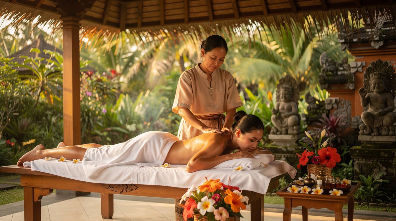 Balinese healer performing massage at private villa
