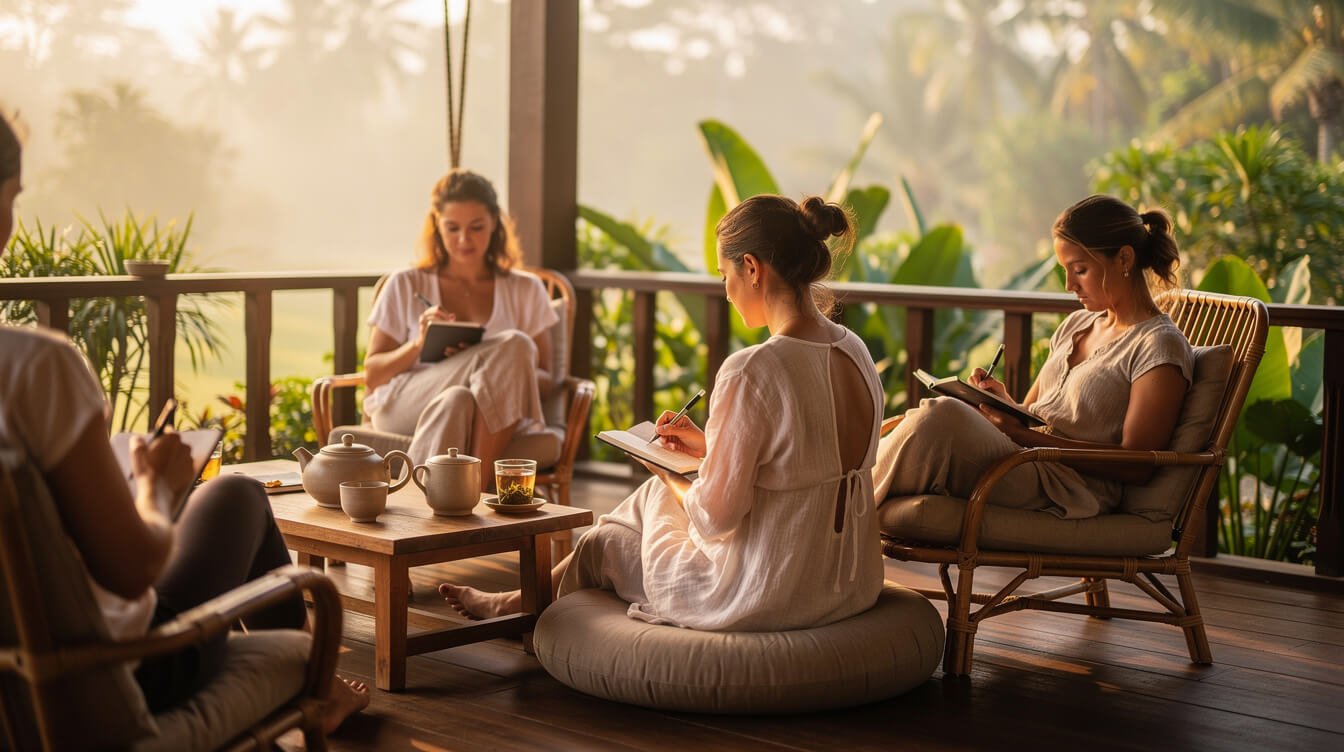 Women planning wellness retreat with journals on veranda