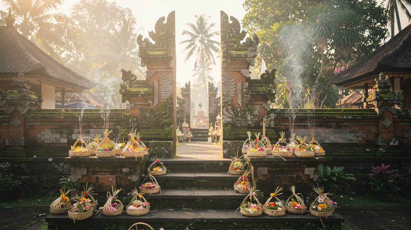 Ubud temple morning offerings canang sari