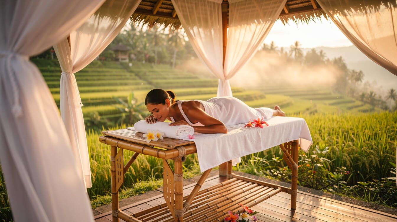 Relaxation during Balinese massage therapy session overlooking rice terraces