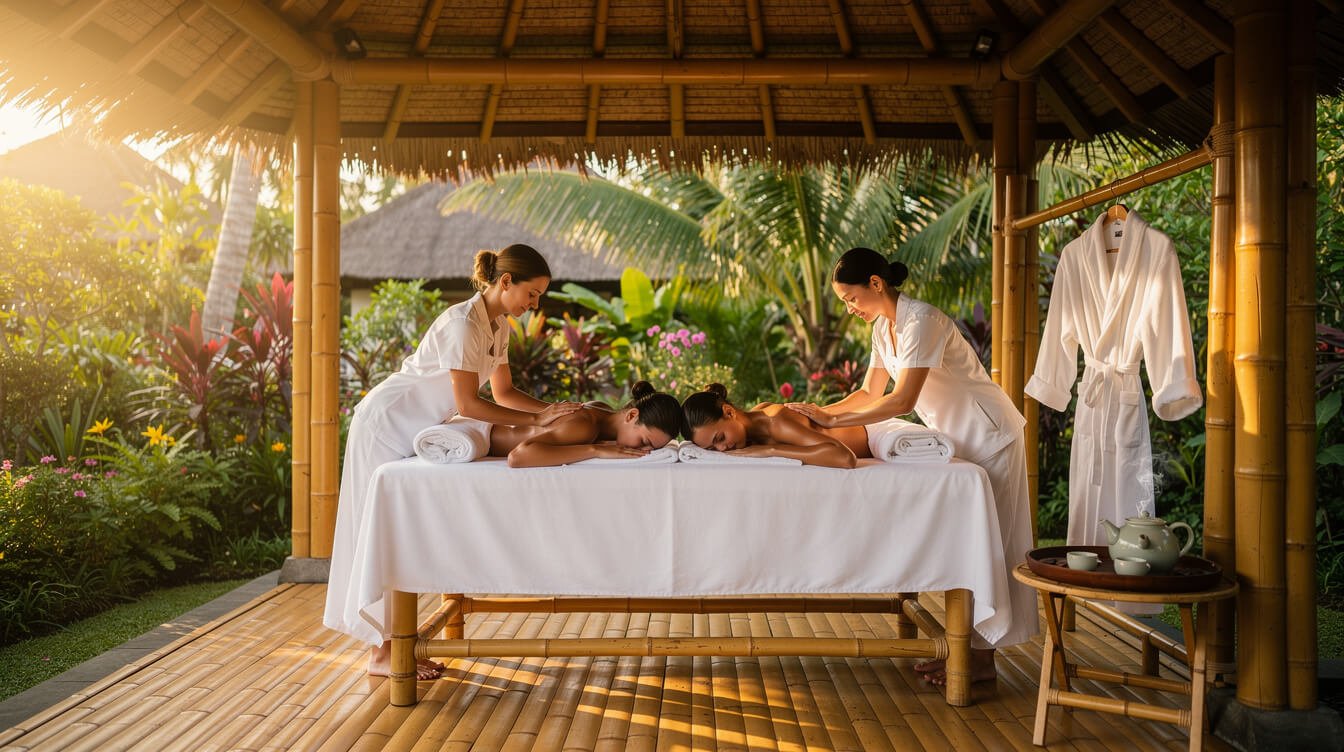 Couple receiving Balinese massage in open-air pavilion