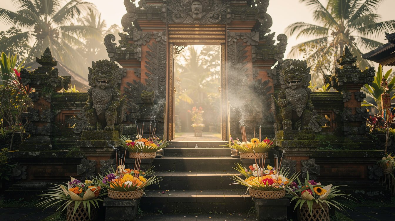 Balinese temple offerings and incense for healing ritual