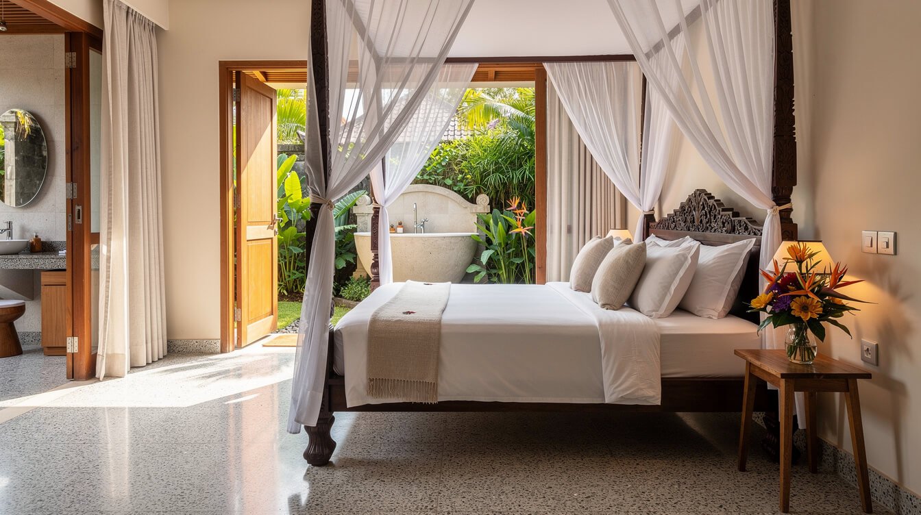 Beautiful Bali villa bedroom interior with garden view