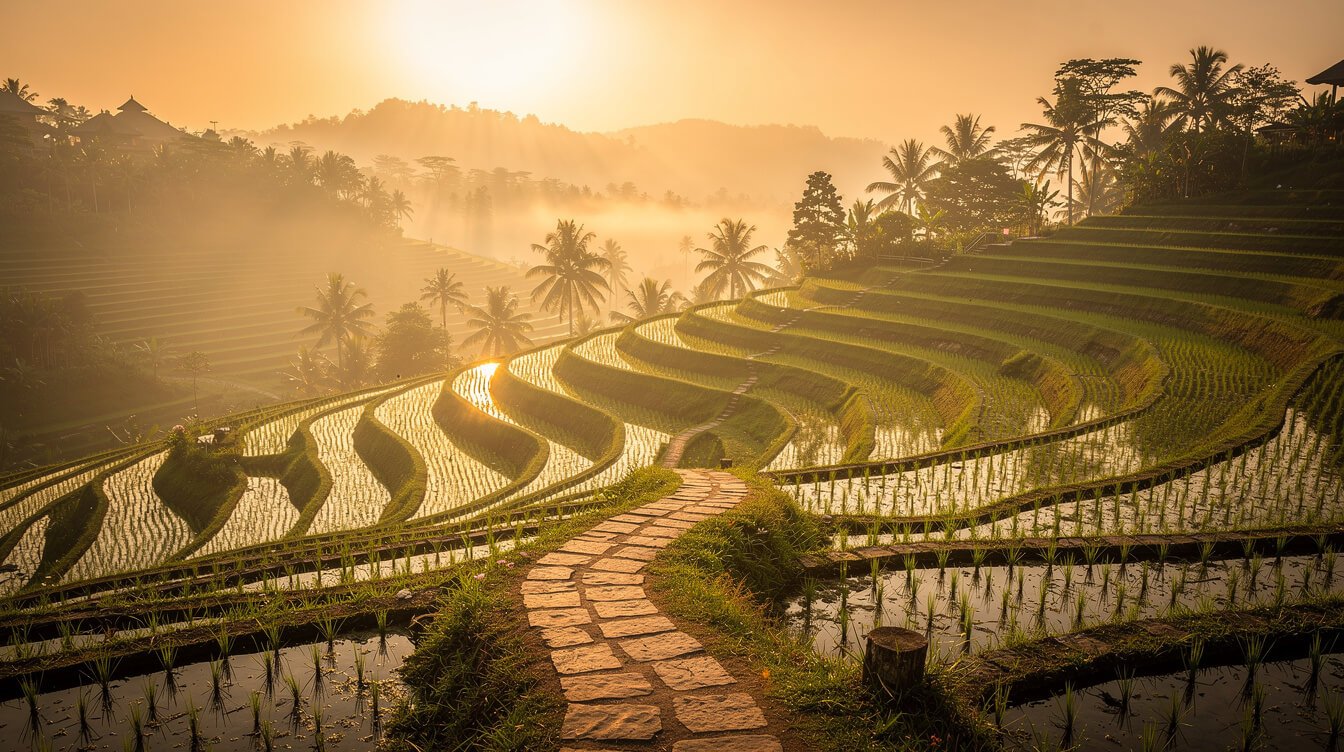 Ubud rice terraces morning mist