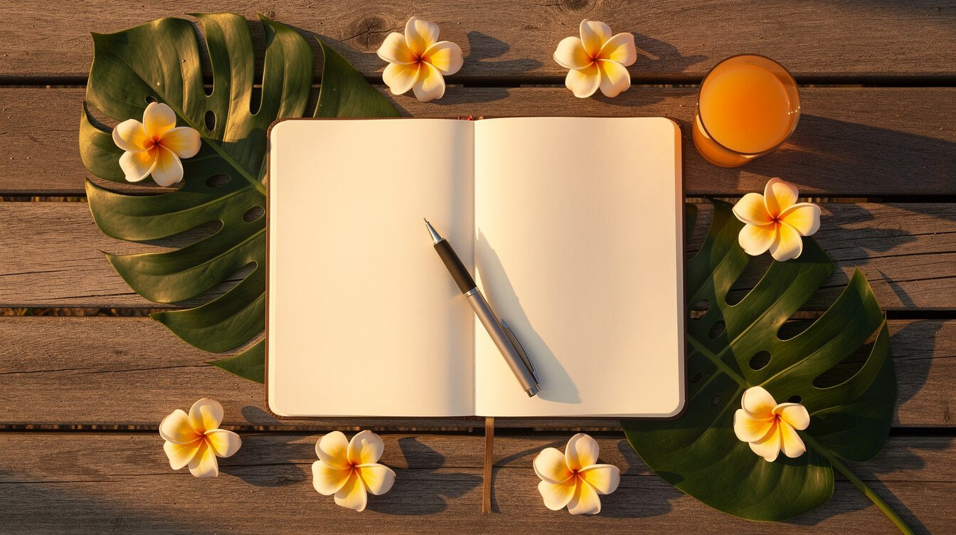 Open notebook on tropical villa deck