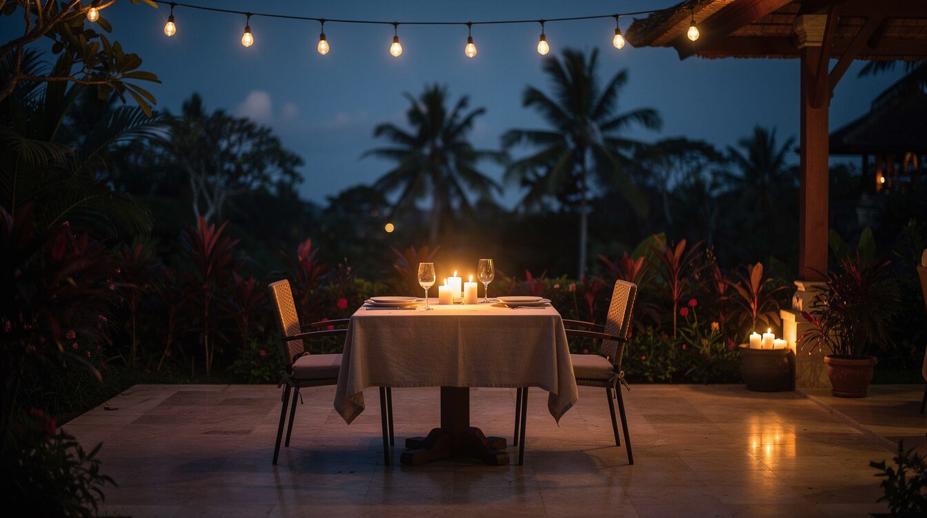 Evening garden dinner at private Ubud villa