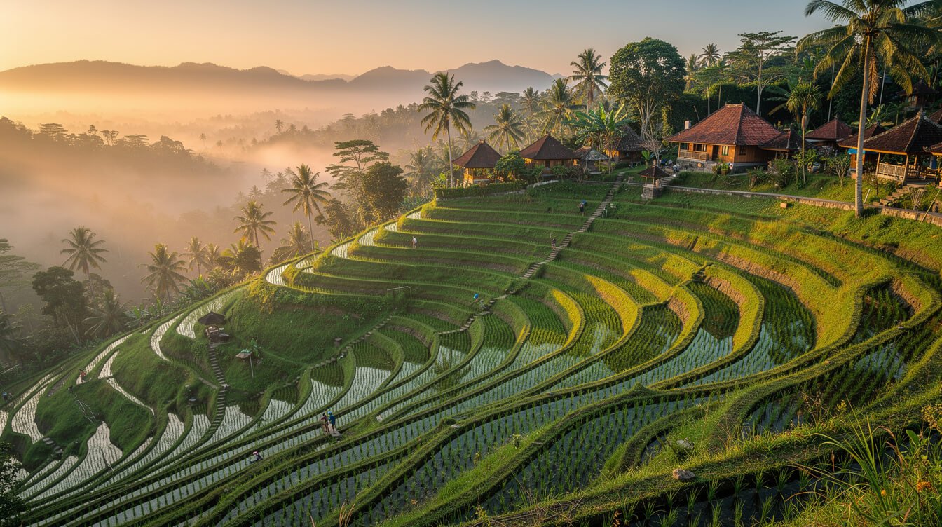 Ubud rice terraces golden hour panoramic view