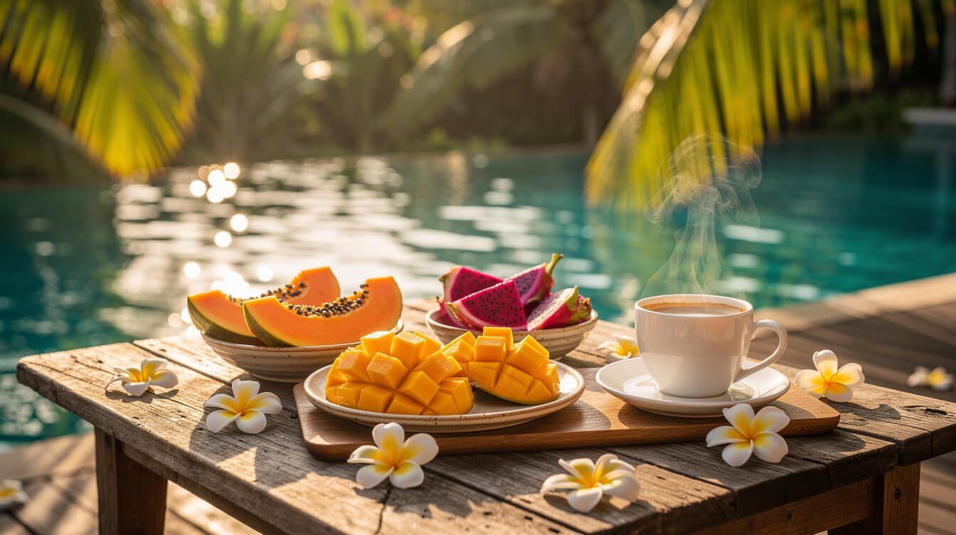 Villa breakfast setting by the pool in Ubud