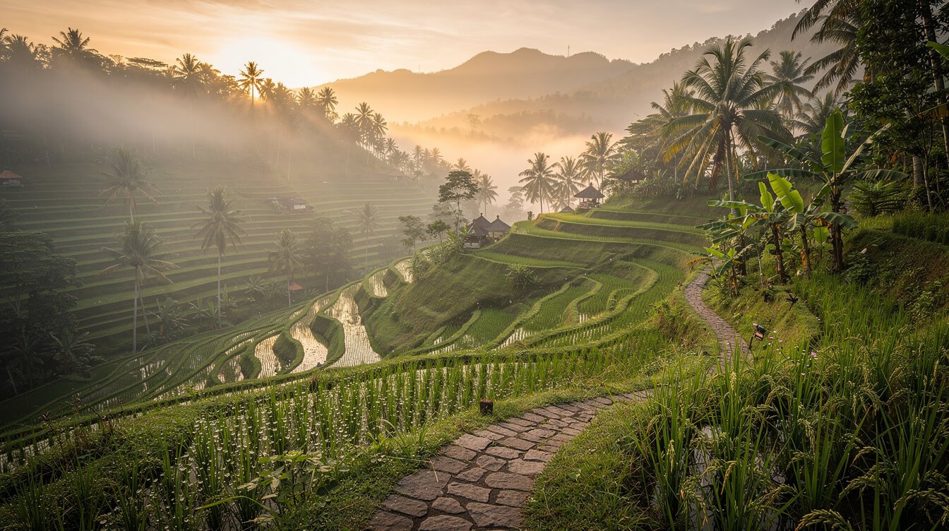 Ubud rice terraces morning mist