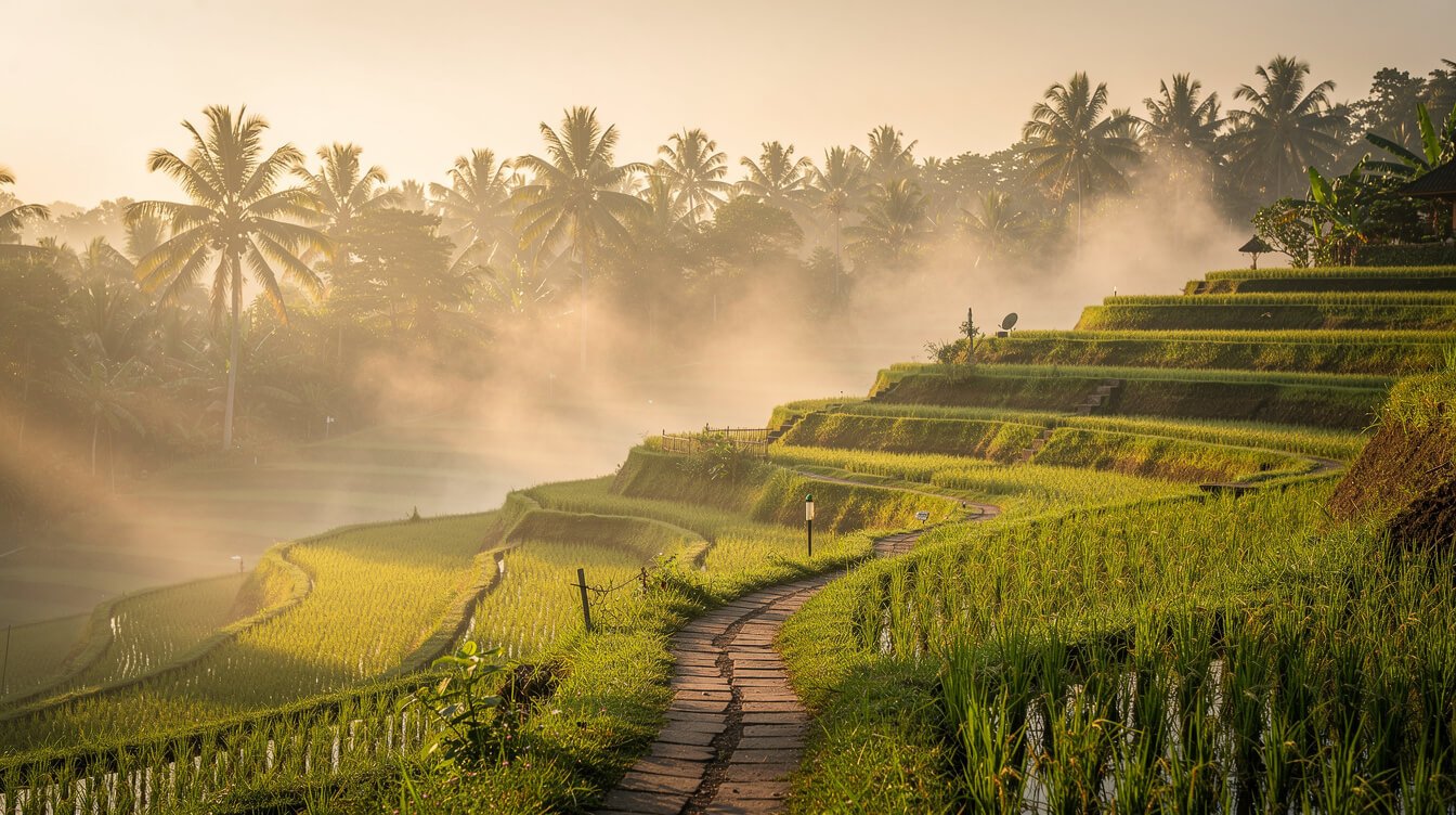 Ubud rice terraces morning mist