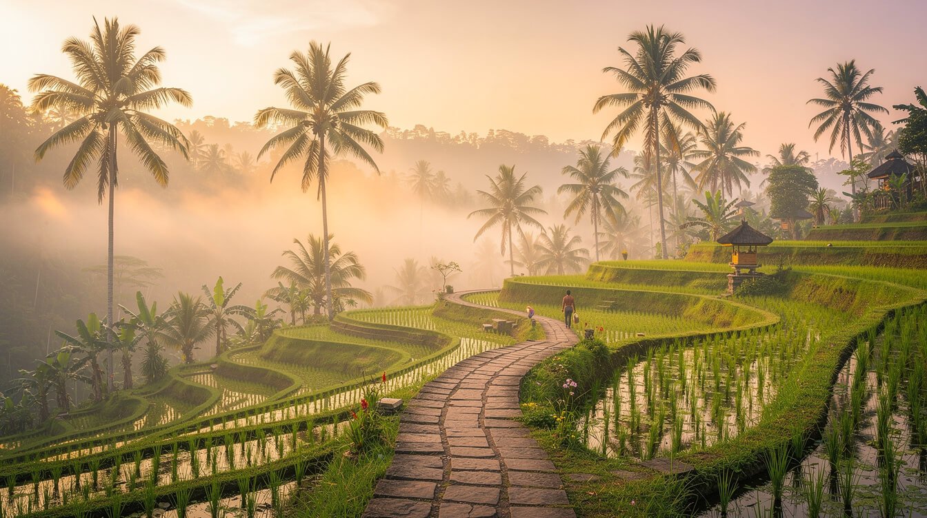 Ubud rice terraces sunrise morning mist