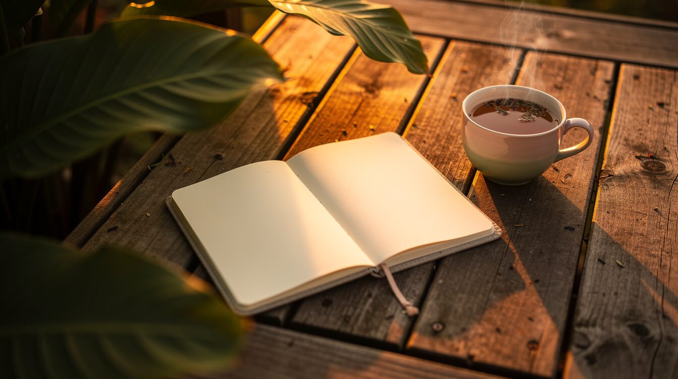 Sunset deck with notebook and herbal tea