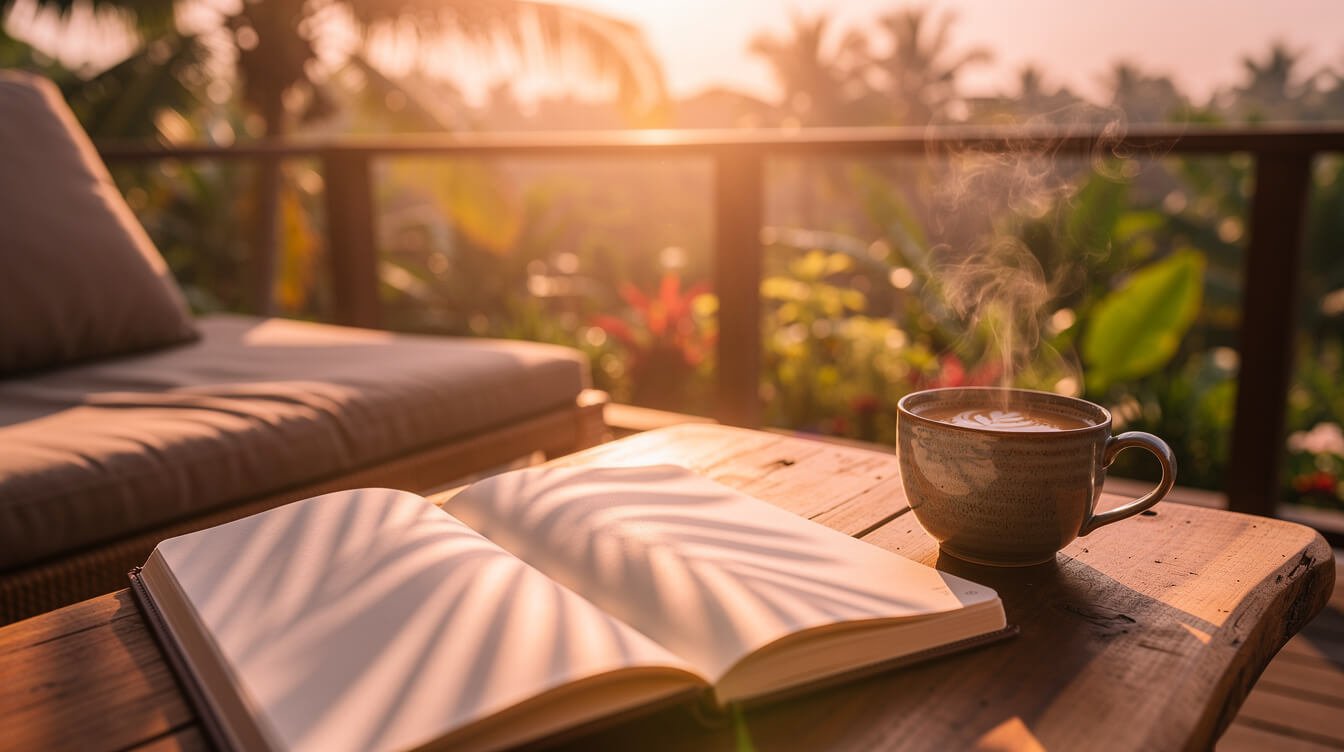 Notebook and coffee on Bali sunset deck