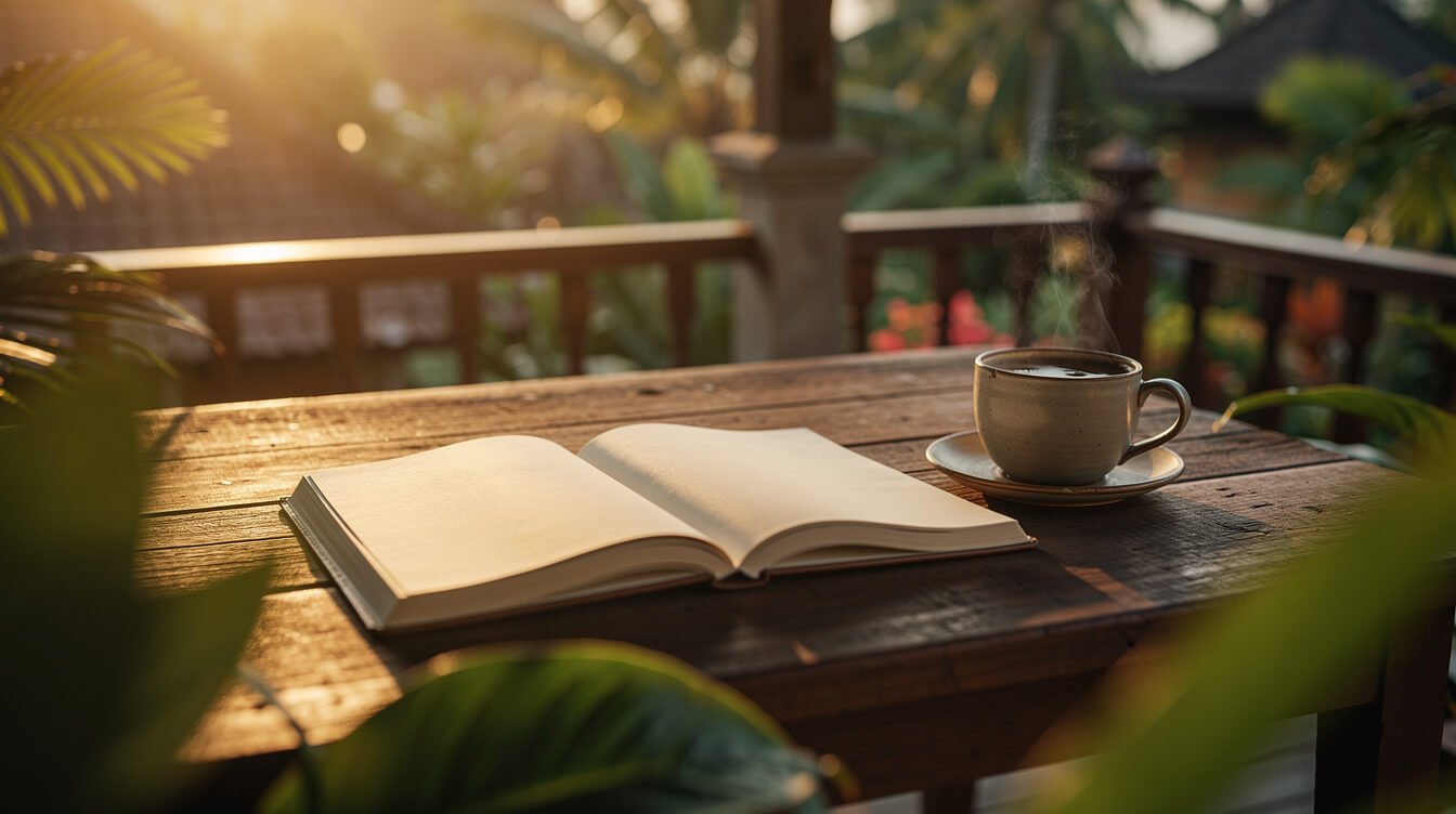 Open notebook with tropical leaves on villa deck