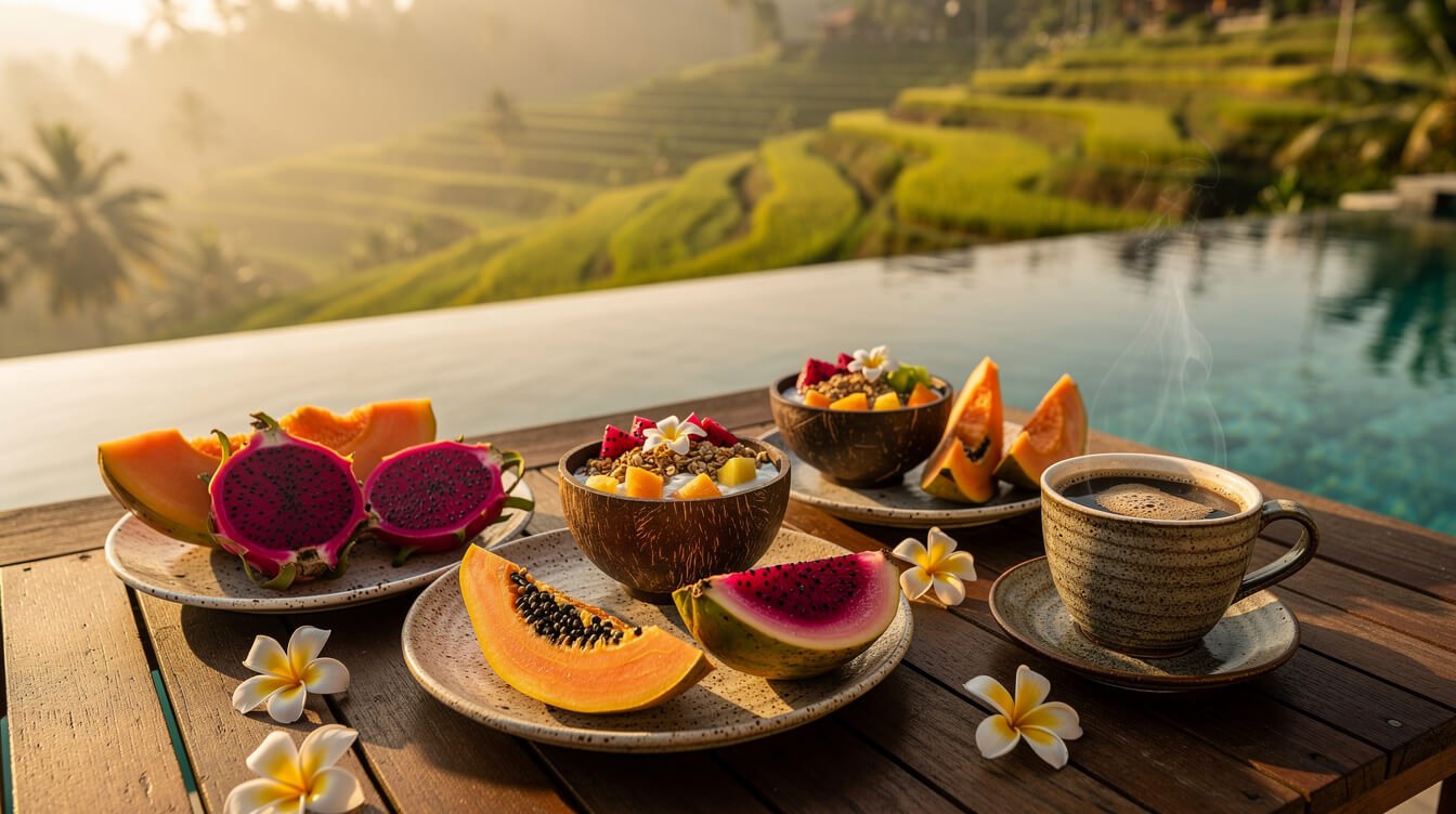 Tropical breakfast spread on a villa pool deck in Ubud