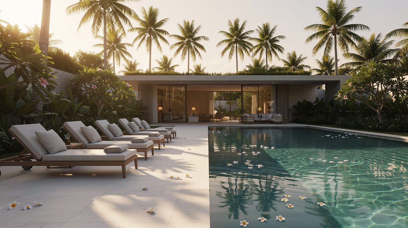 Villa Amrita pool deck in warm evening light