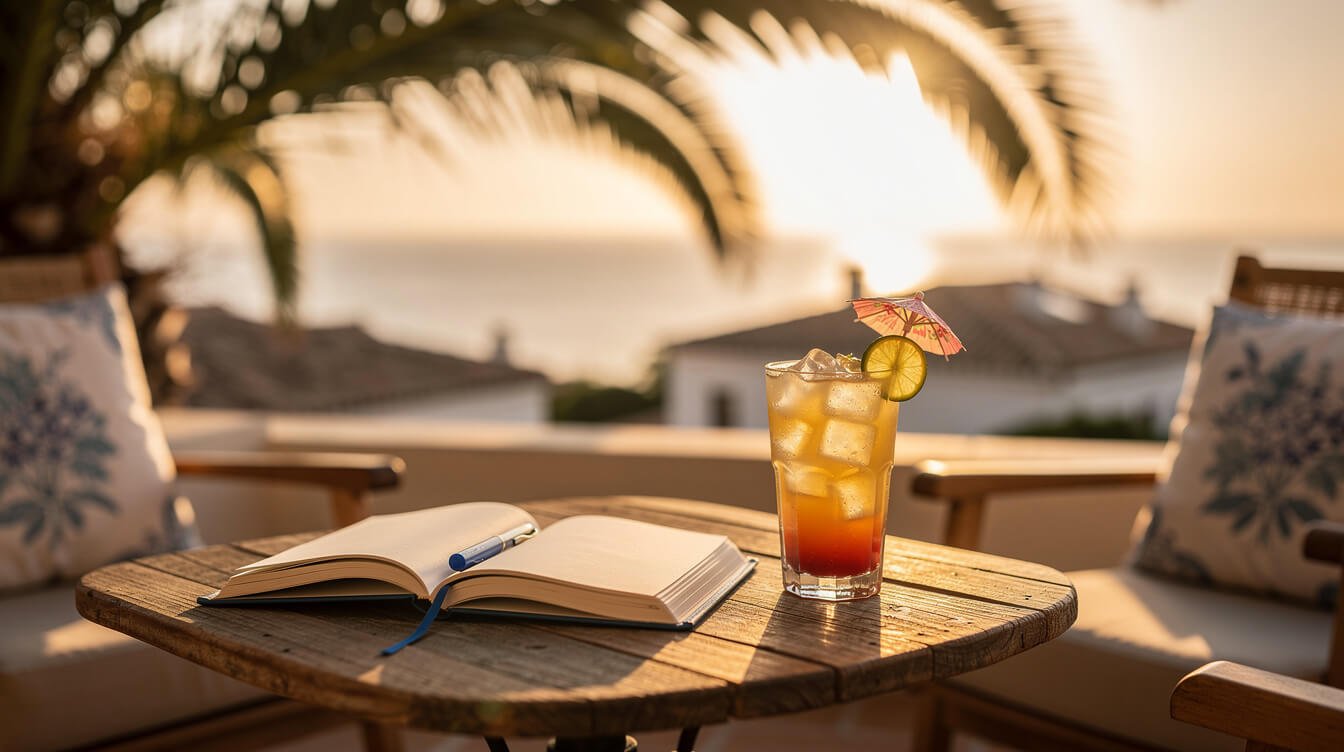 Relaxed villa terrace scene at sunset