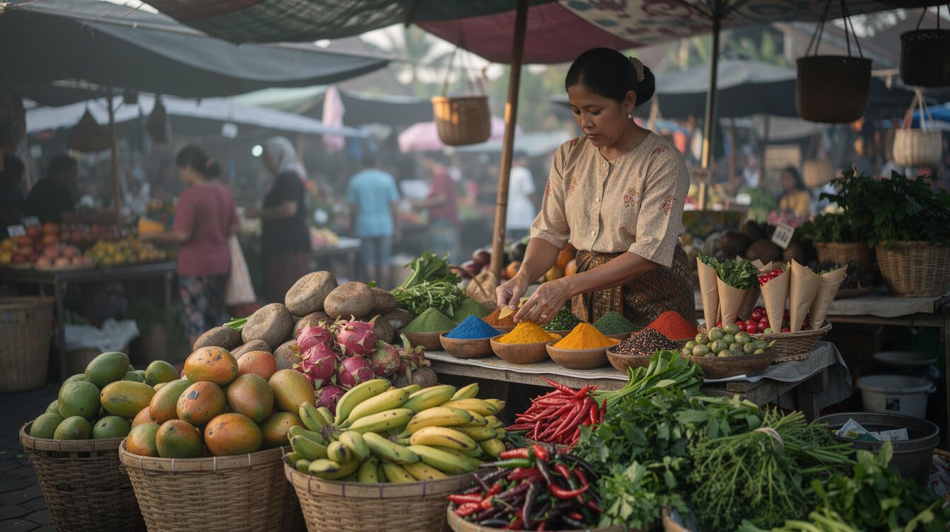 Ubud traditional morning market with fresh tropical ingredients
