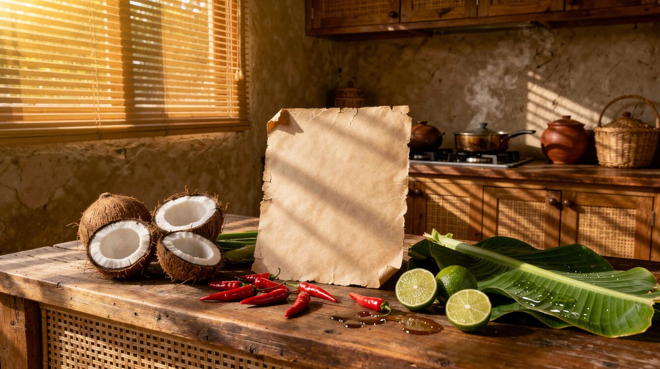 Handwritten menu alongside fresh Balinese ingredients in a villa kitchen