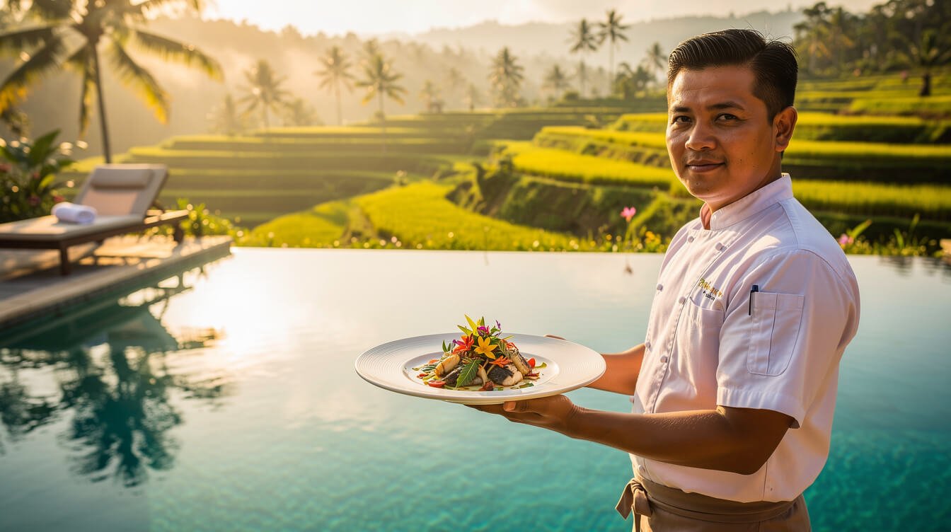 Private chef presenting dishes poolside at an Ubud villa