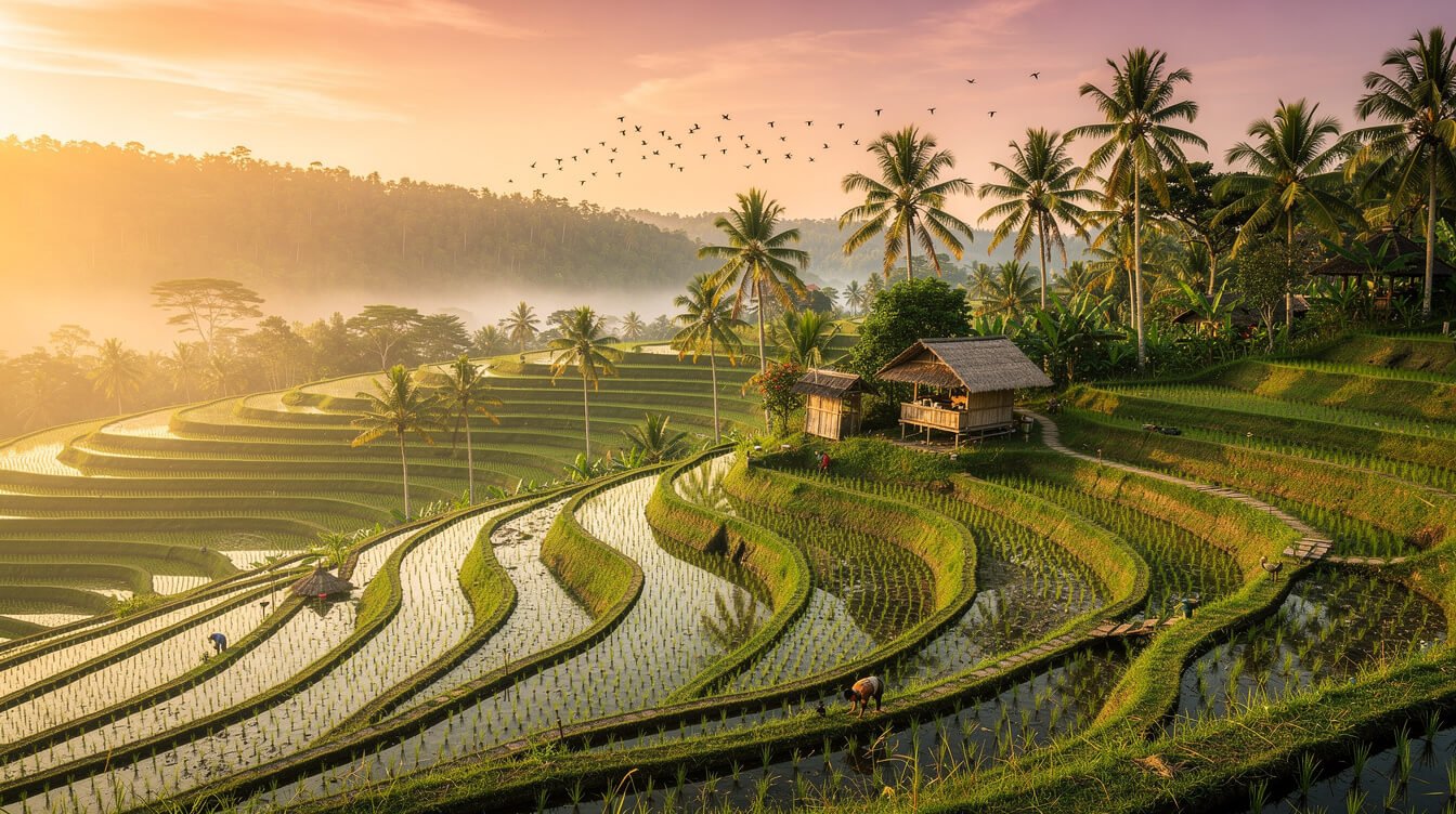 Ubud rice terraces at golden hour with traditional warung