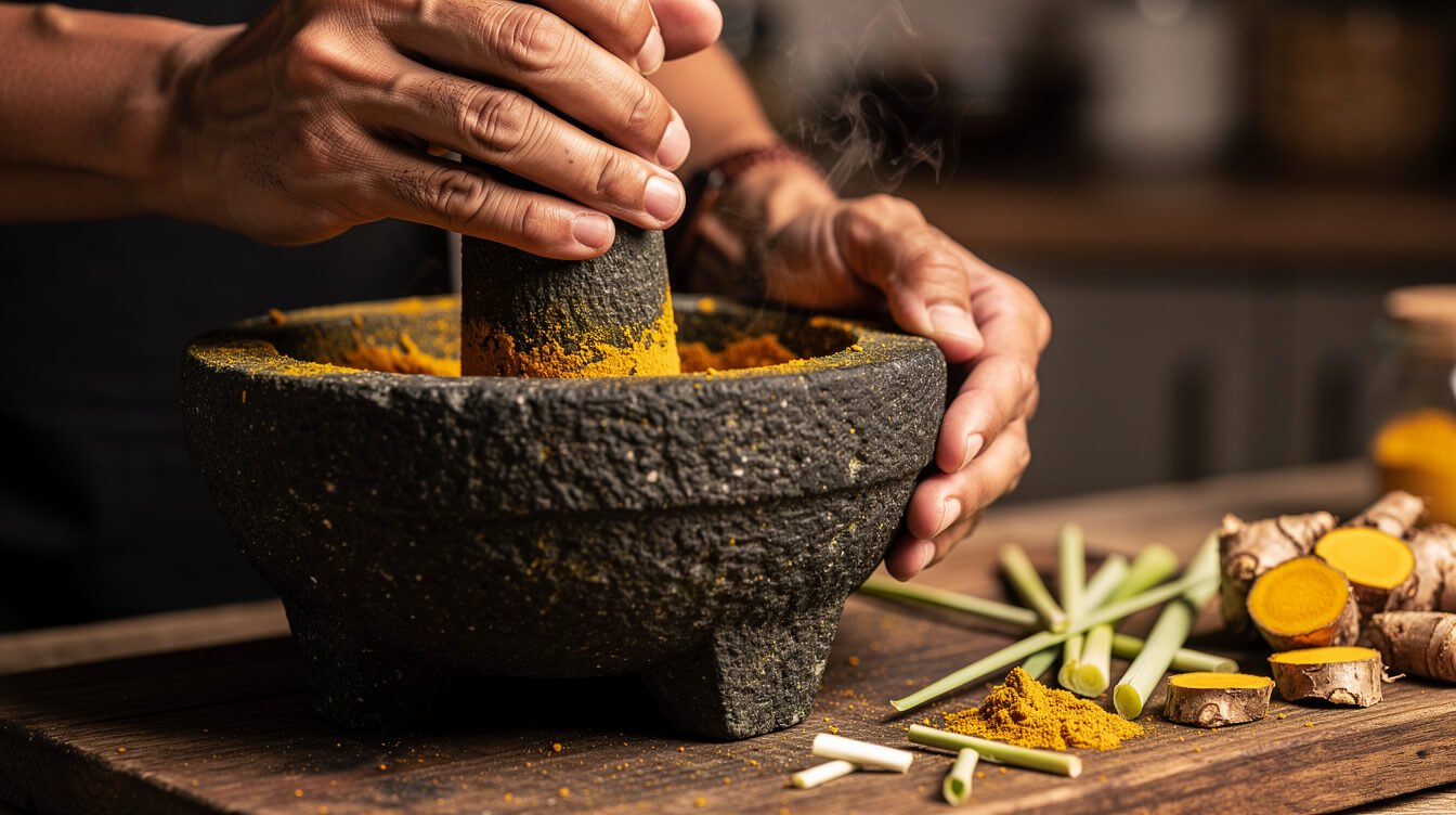 Fresh Balinese spices ground with traditional mortar and pestle