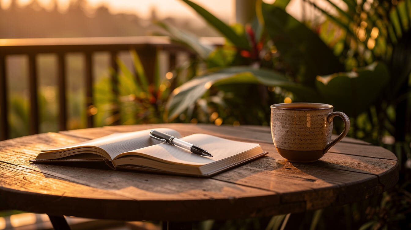 Open notebook on villa terrace Bali newsletter