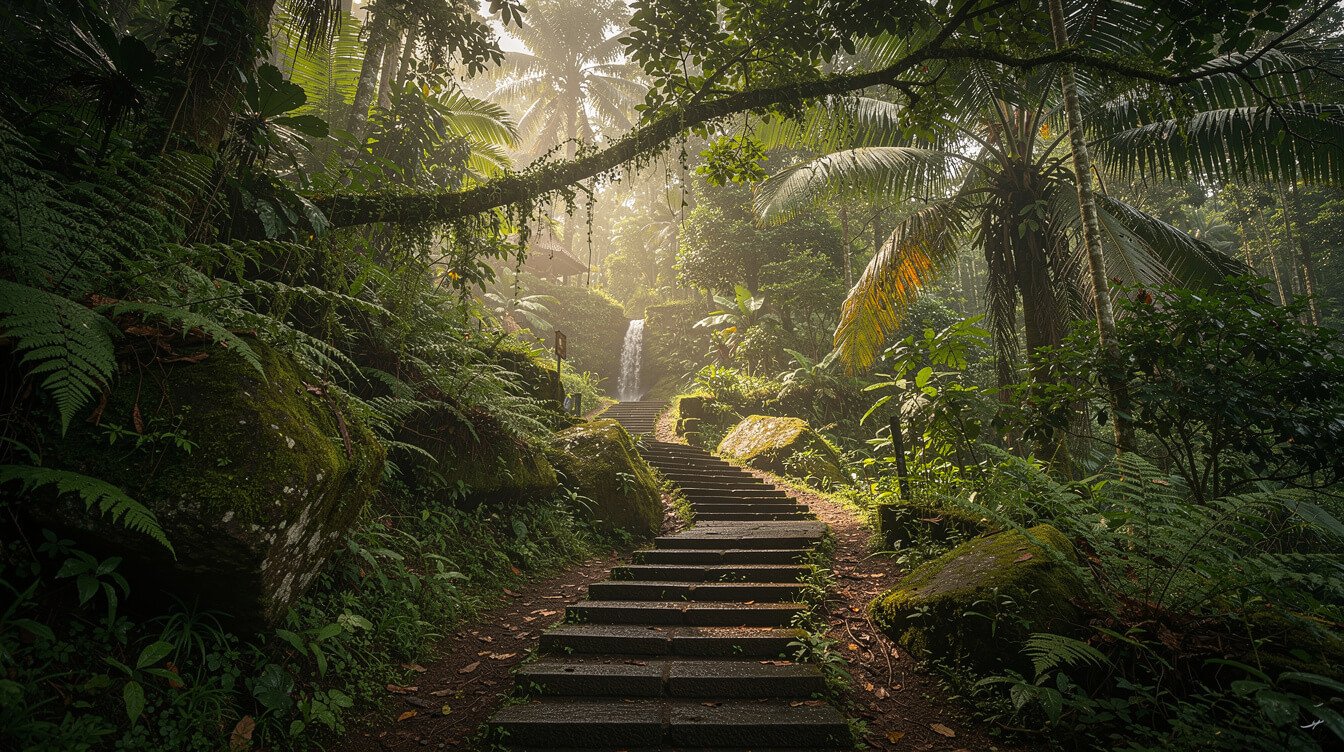 Jungle stairway leading down to Sekumpul Waterfall Bali