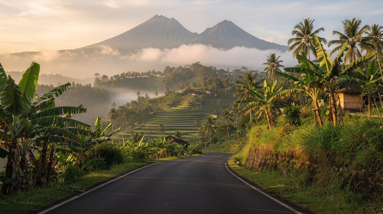 Mountain road through Bali northern highlands to Sekumpul Waterfall