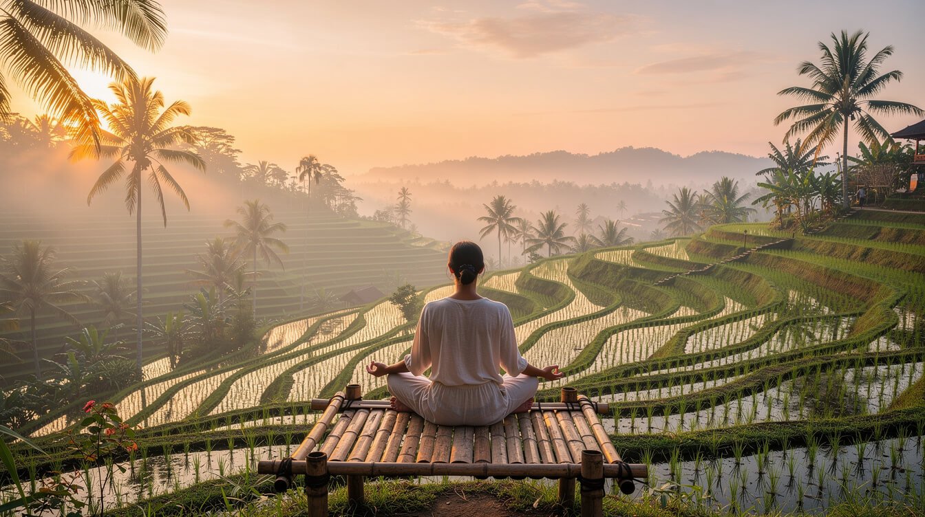 morning meditation Ubud rice terraces sunrise