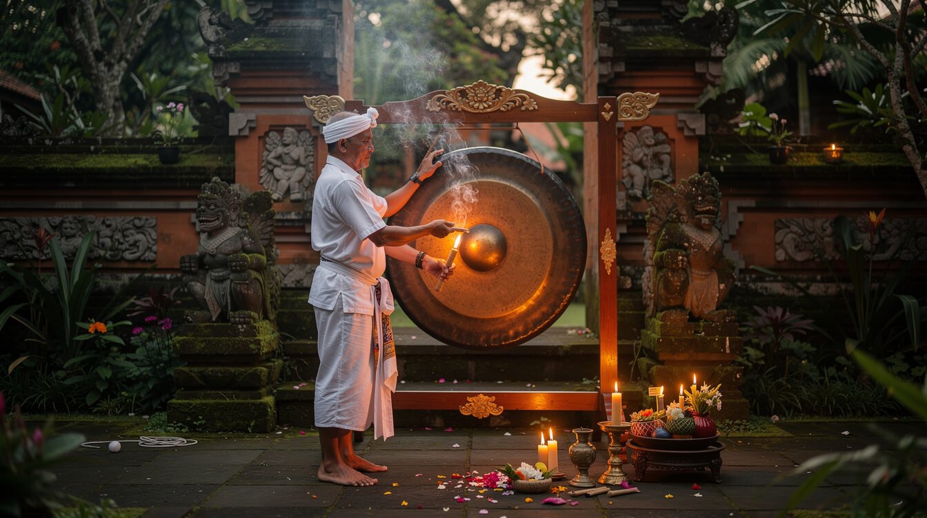 Balinese sound healer with gong in garden temple Ubud