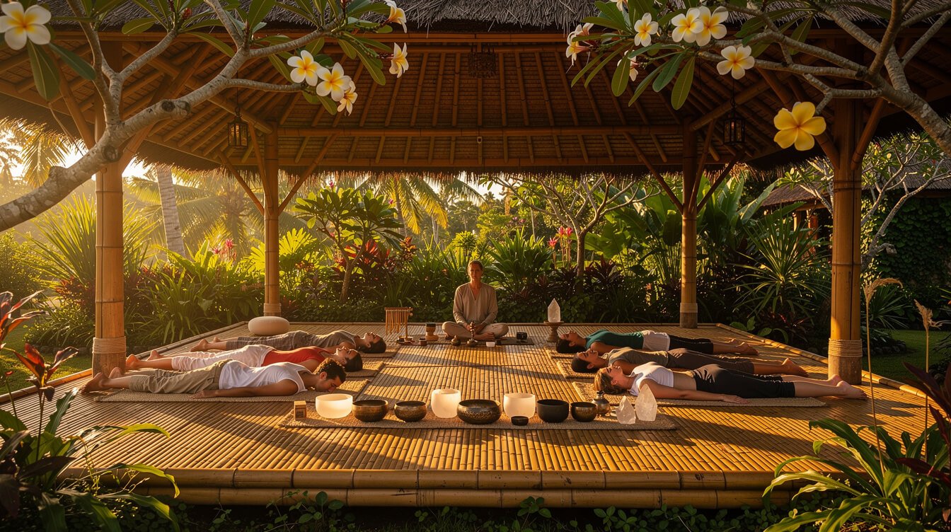 group sound healing session in Ubud bamboo pavilion