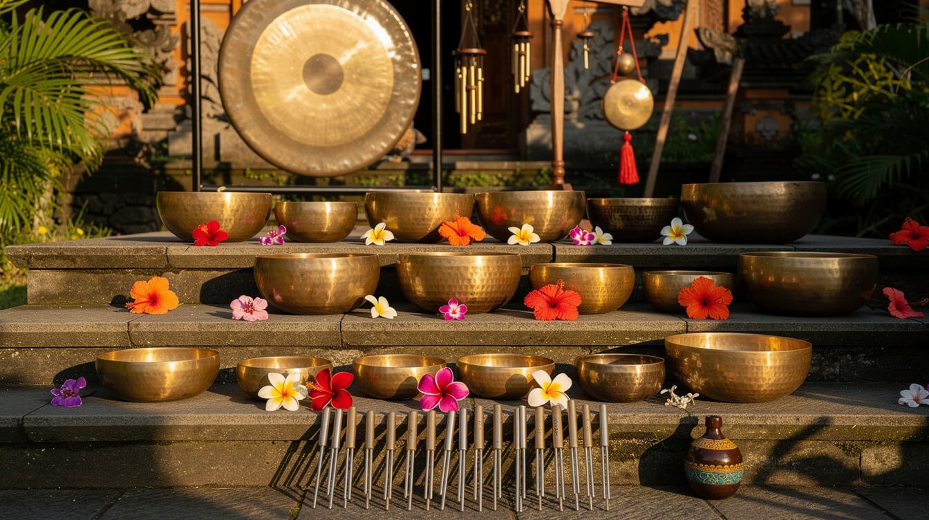 sound healing instruments collection singing bowls gongs Ubud