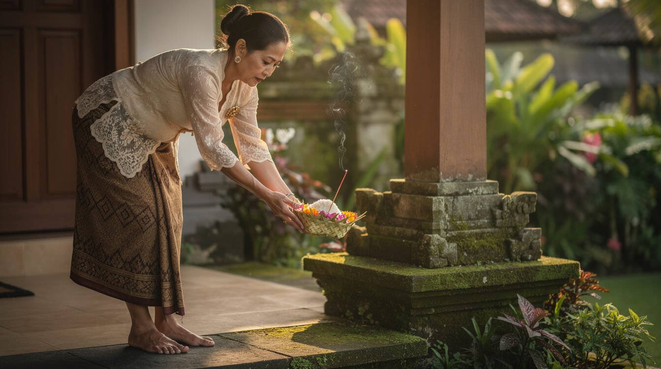 Balinese woman placing canang sari offering at villa doorstep