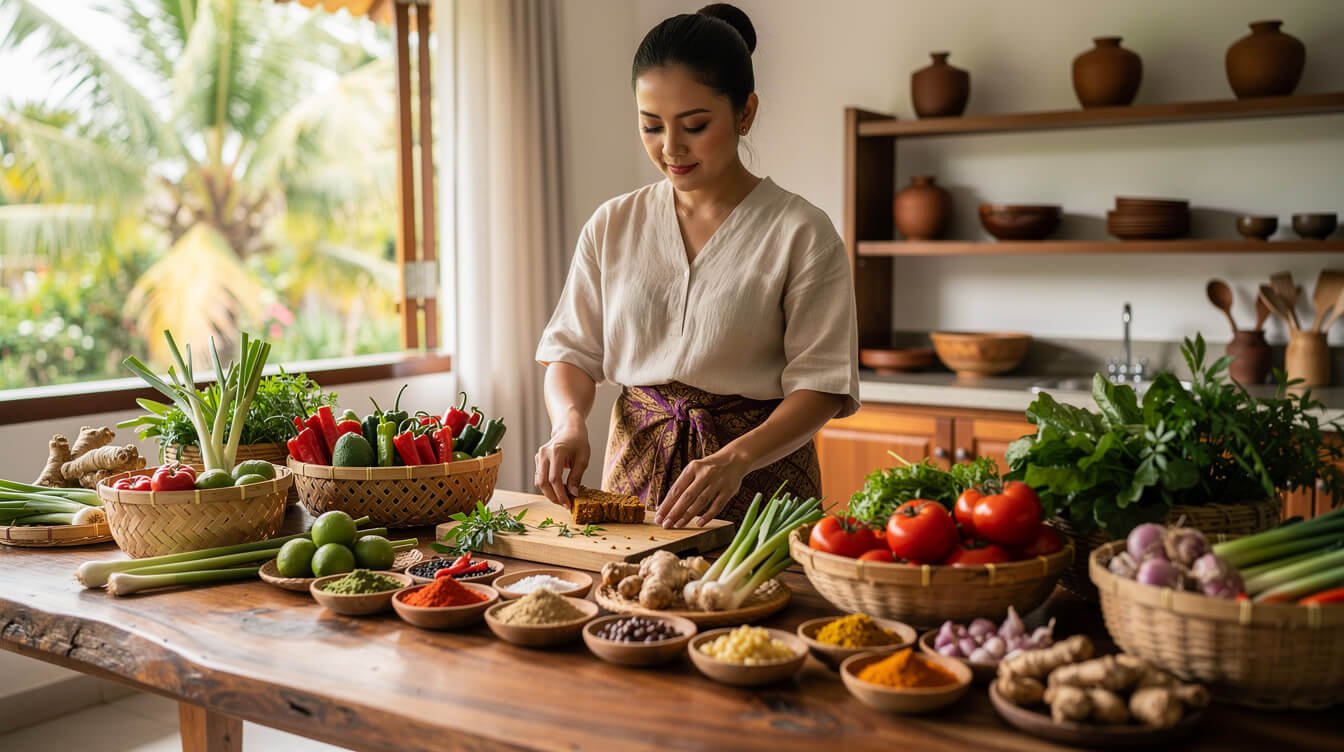 Balinese chef preparing fresh ingredients in a villa kitchen