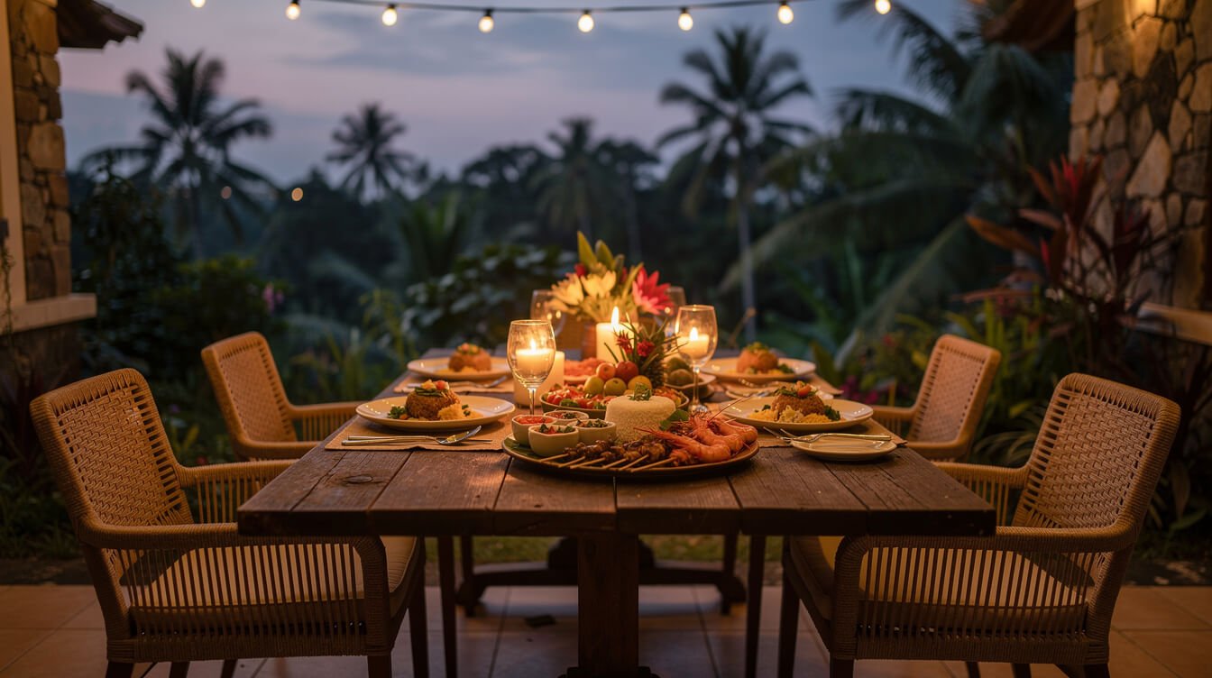 Private candlelit dinner at a staffed Ubud villa terrace