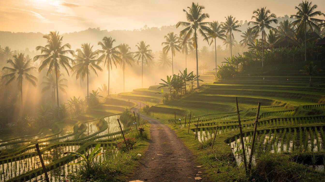 Misty sunrise over Ubud rice terraces