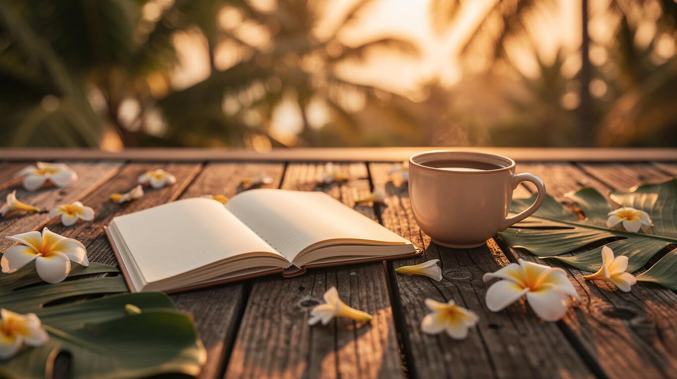 Notebook and coffee on a tropical deck at sunset