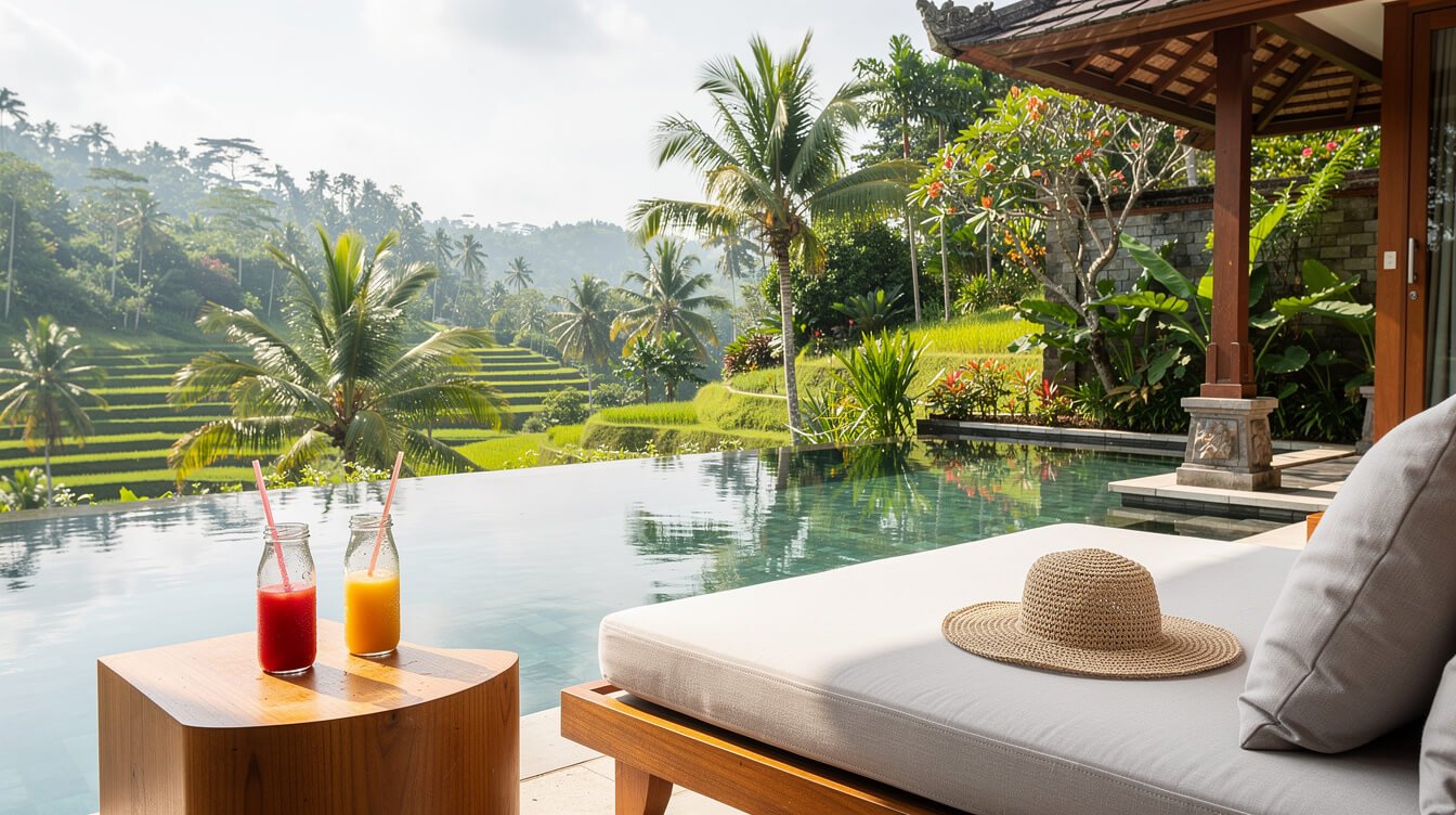 Midday at a private villa terrace in Ubud with pool and tropical garden